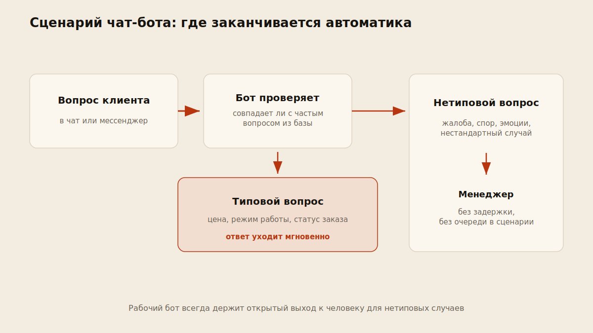 Блок-схема сценария чат-бота: вопрос клиента, типовой ответ бота или эскалация на менеджера