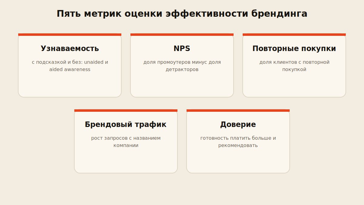 Схема пяти метрик оценки эффективности брендинга: узнаваемость, NPS, повторные покупки, брендовый трафик, доверие