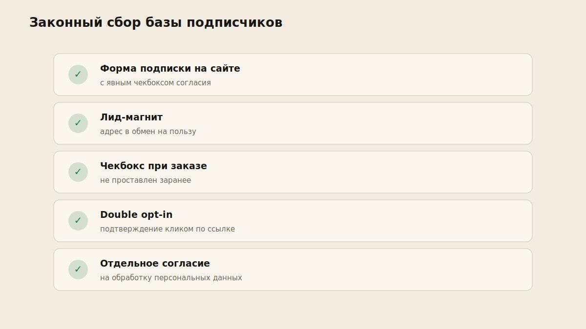 Чек-лист законного сбора базы подписчиков для email-рассылки: форма, лид-магнит, чекбокс, double opt-in