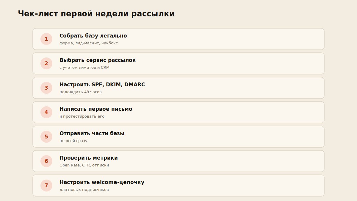 Чек-лист первой недели запуска email-рассылки: от базы до первого письма