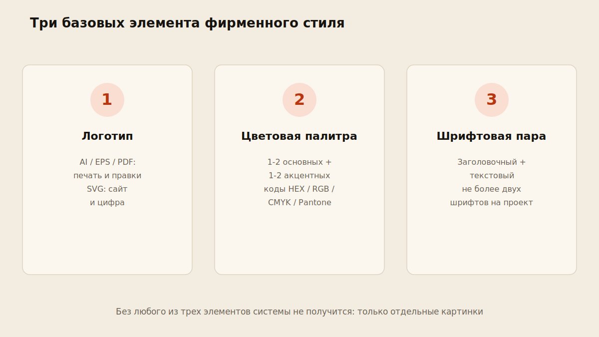 Схема базовых элементов фирменного стиля: логотип, цветовая палитра, шрифтовая пара