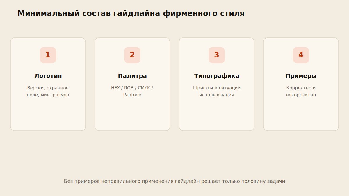 Схема минимального состава гайдлайна фирменного стиля: логотип, палитра, типографика, примеры