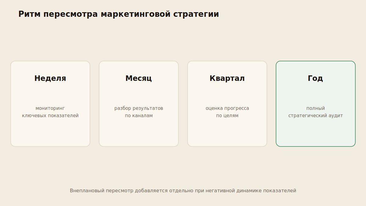 Схема ритма пересмотра маркетинговой стратегии по неделям, месяцам, кварталам и годам
