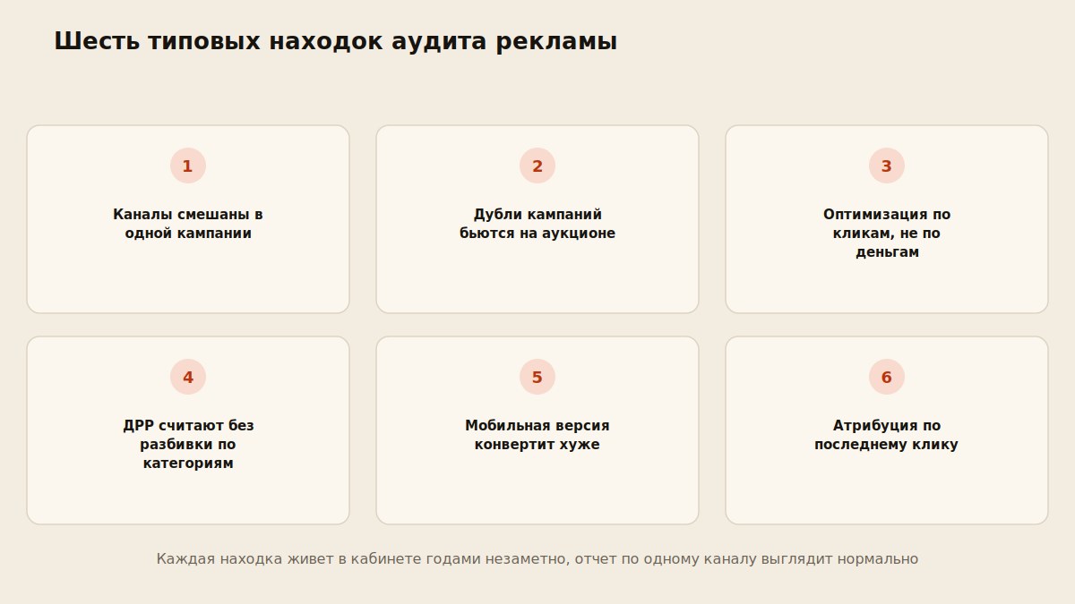 Схема шести типовых находок аудита: смешанные каналы, дубли кампаний, неверные цели, ДРР без категорий, мобильная конверсия, атрибуция