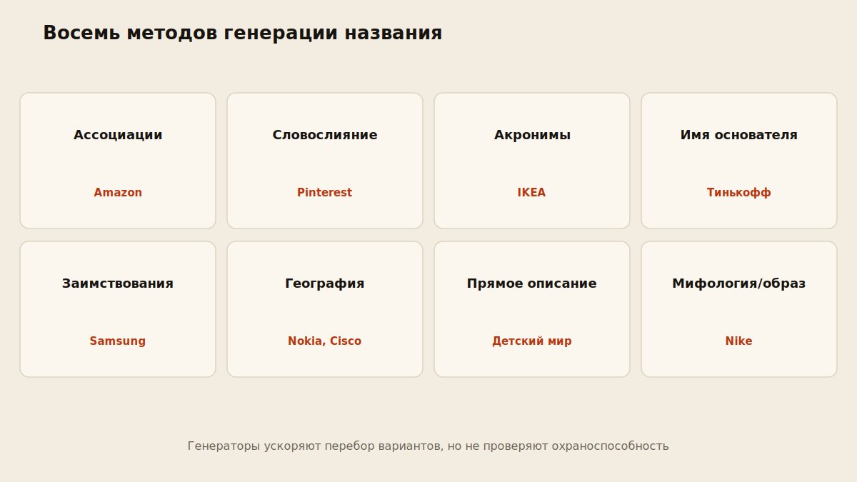 Схема восьми методов генерации названия с примерами известных брендов