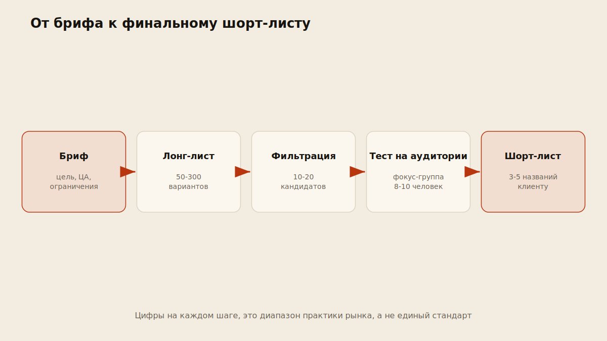 Схема пути от брифа к финальному шорт-листу названий с цифрами на каждом этапе
