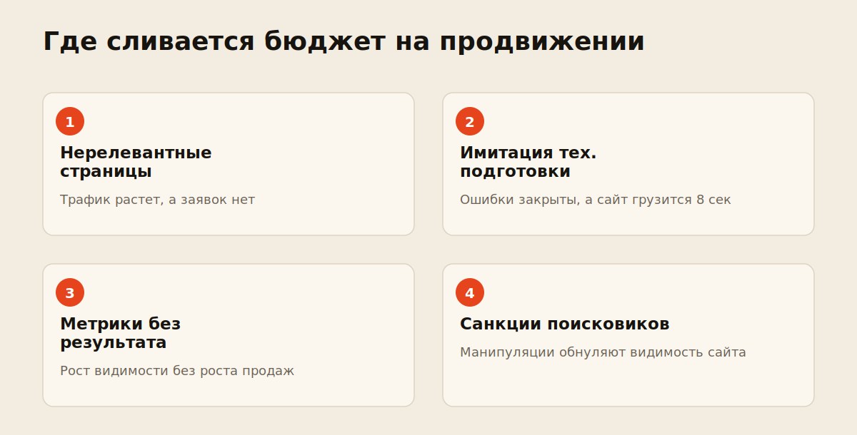 Схема четырех типичных причин, из-за которых бюджет на SEO тратится впустую