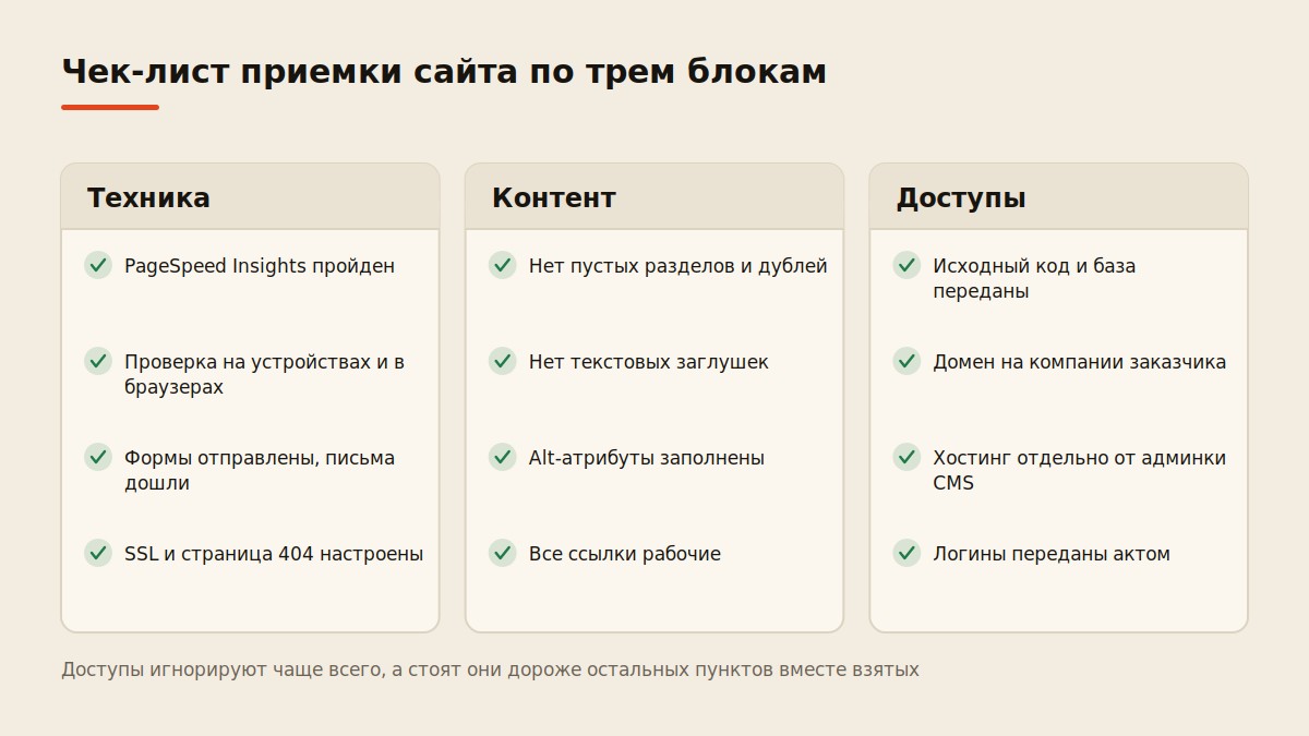 Чек-лист приемки готового сайта по трем блокам: техника, контент, доступы
