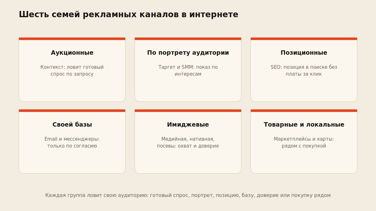 Схема шести семейств интернет-рекламы по типу аудитории и задаче
