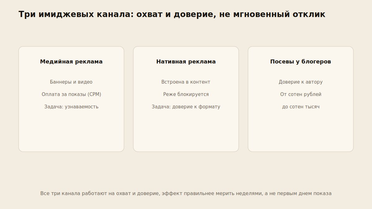 Схема трех имиджевых каналов рекламы: медийная, нативная и посевы у блогеров