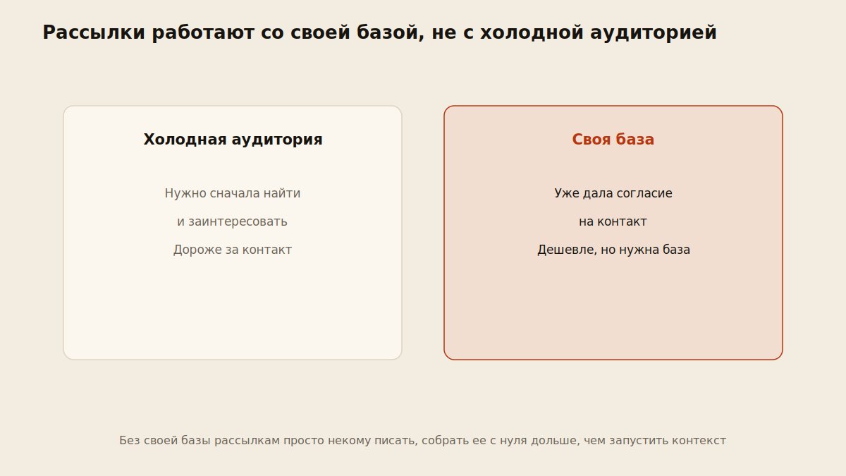 Схема работы email и мессенджер-рассылок со своей базой контактов вместо холодной аудитории