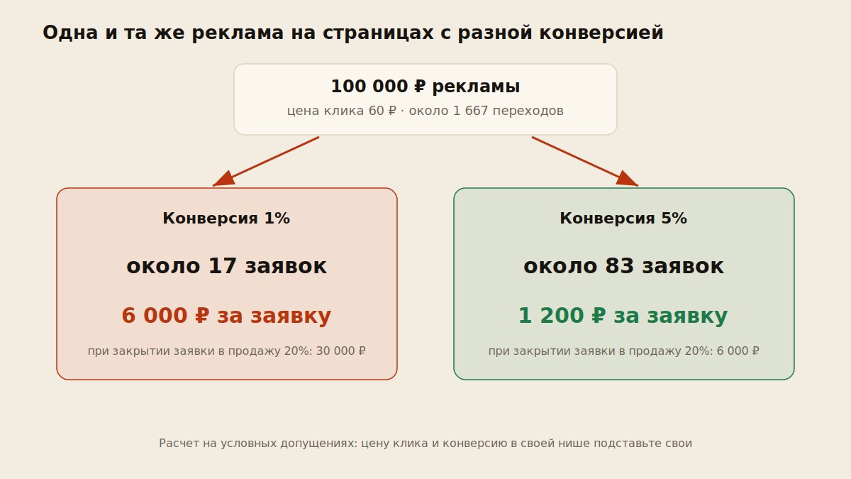 Схема расчета: 100 000 рублей рекламы при конверсии 1 и 5 процентов
