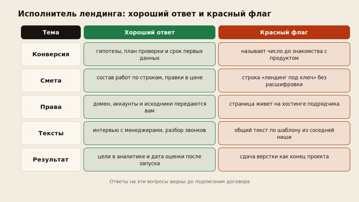Схема выбора исполнителя лендинга: вопросы до договора и красные флаги