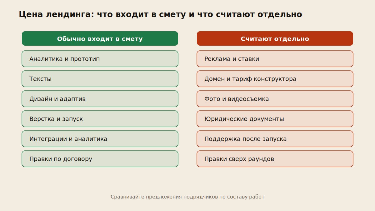 Схема состава цены лендинга: что входит в смету и что остается за ее пределами