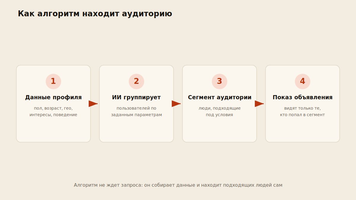 Схема механики таргетированной рекламы: данные профиля, ИИ-группировка, показ сегменту