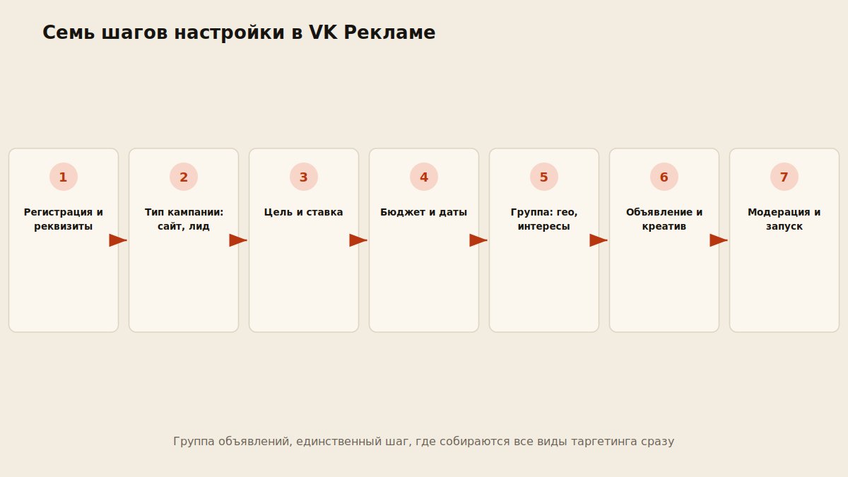 Схема семи шагов настройки таргетированной рекламы в кабинете VK Реклама